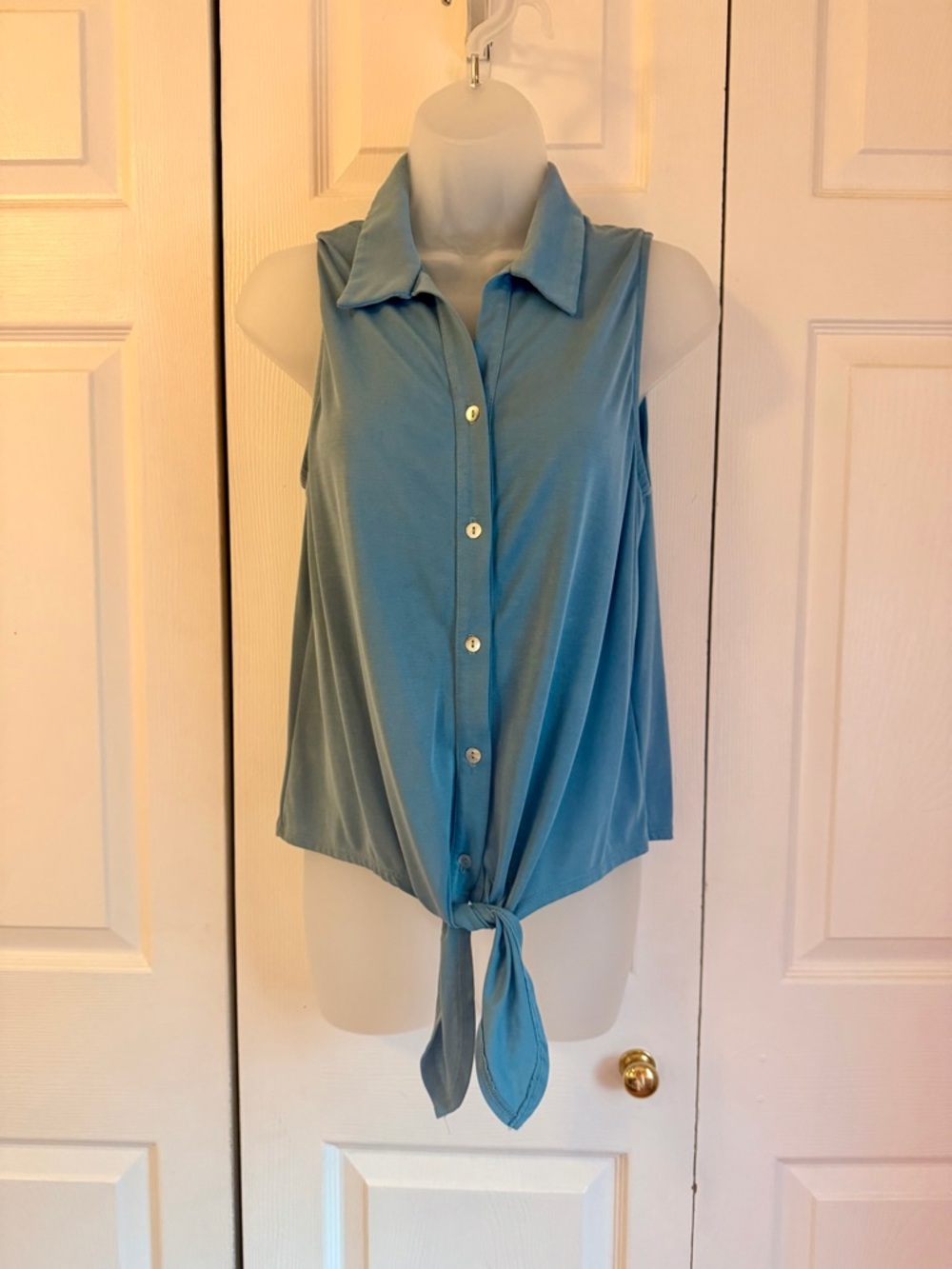 Sleeveless Tie-Front Collared Blouse - Blue